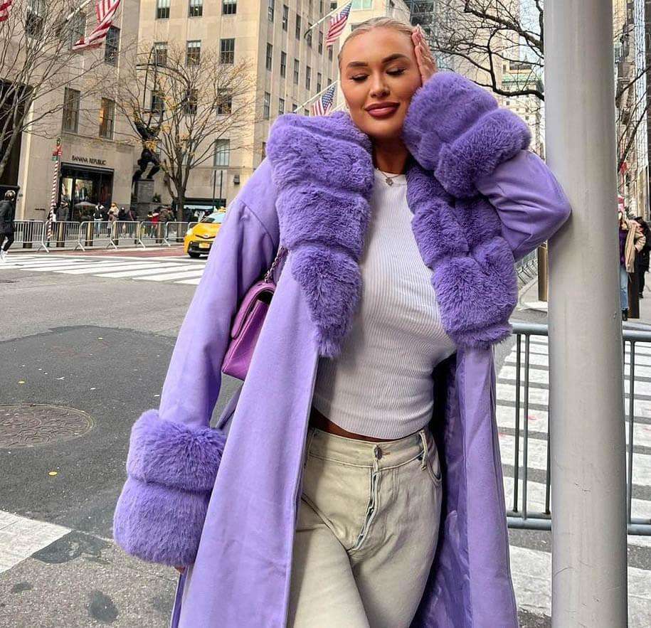 Sophieeoneill having a WOMEN CROP TOP- PURPLE FOX FUR WITH HOOD and SUPER STRETCH PANTS