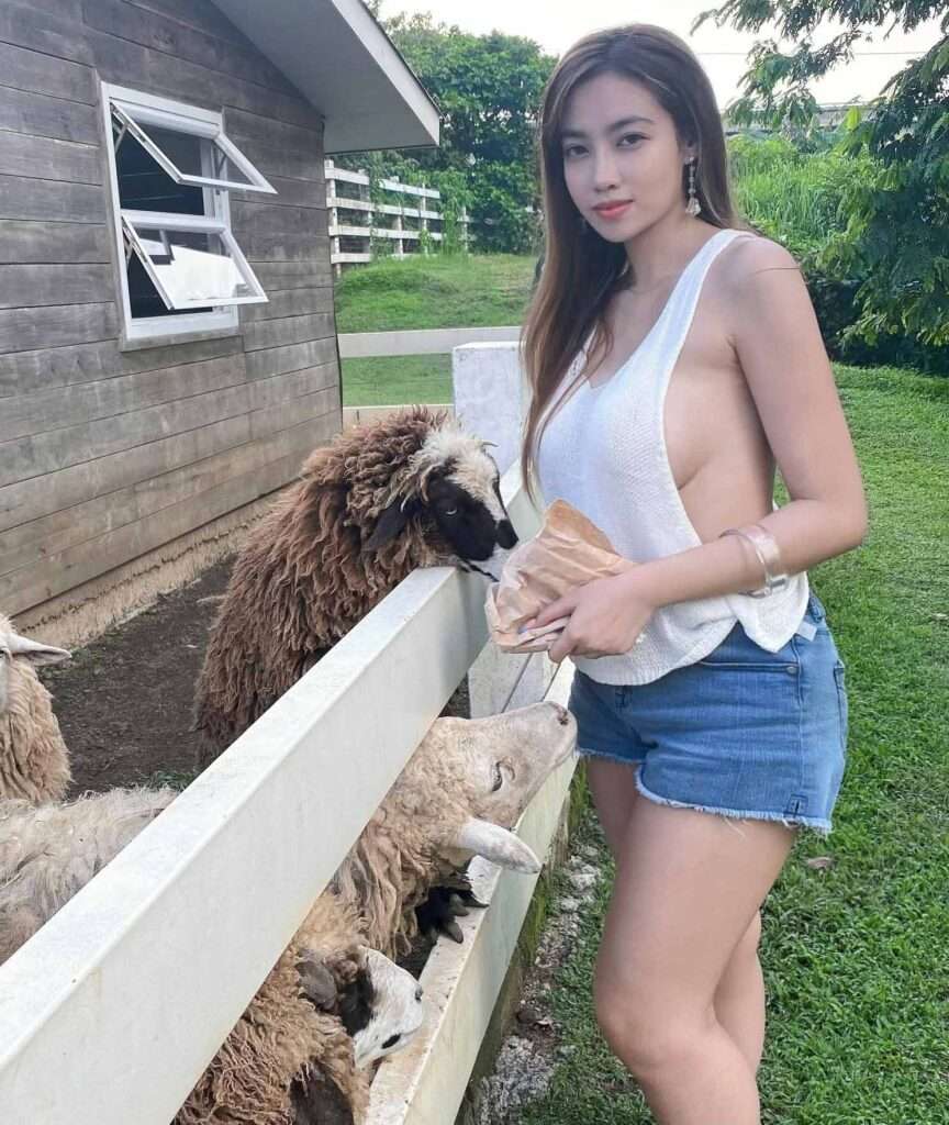 Syra Mariz feeds sheeps while she is wearing true religion jean shorts ans crop top