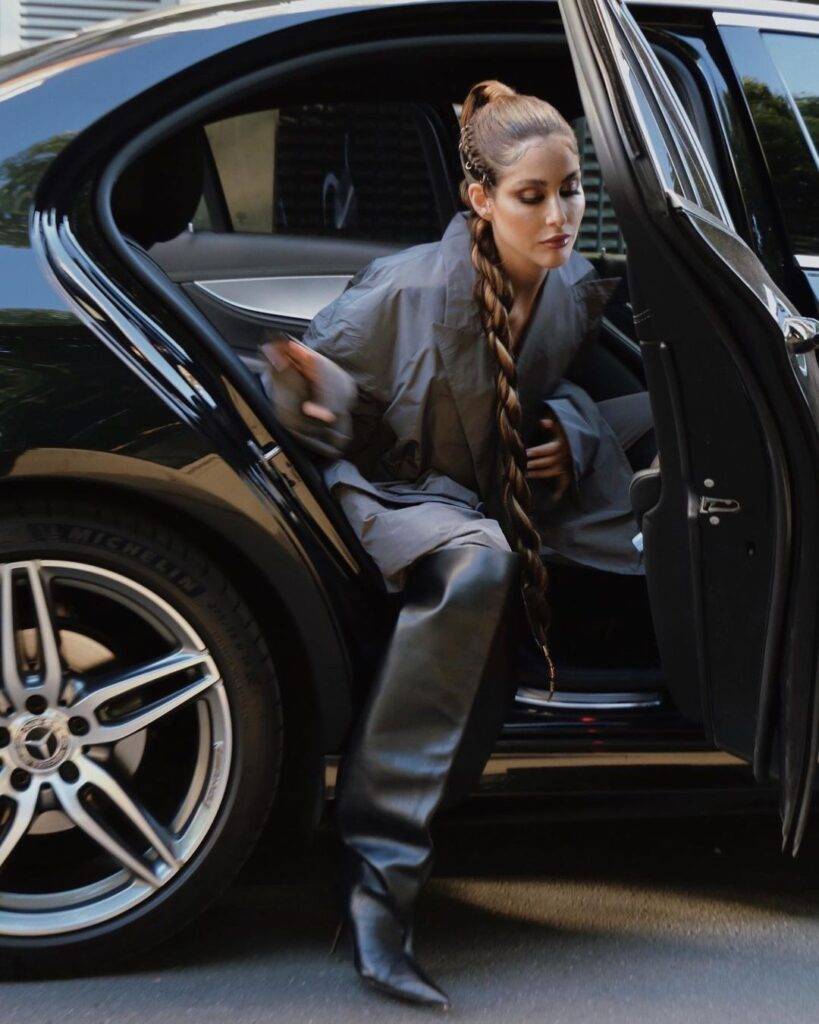 Nour Arida in the 3 piece grey outfit while getting out of the car, a random click