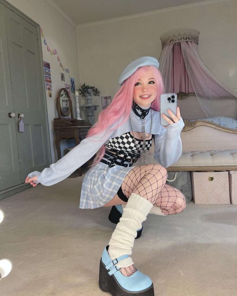 Belle Delphine is lookiing cute in modern dress and seeing herself in front of mirror while taking picture