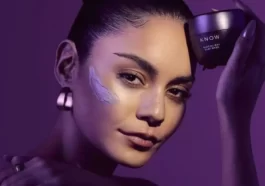 Vanessa Hudgens in the sexy purple outfit pair with metal jewellery while endorsing a cosmetic brand