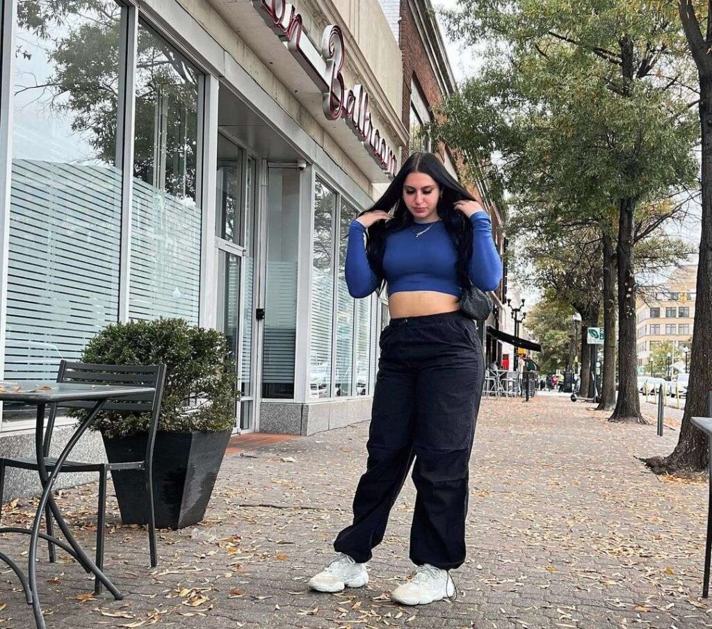 the_skingoddess in the blue full sleeves top pair with black baggy jeans and white joggers